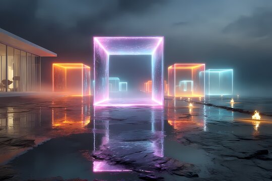 Futuristic glowing neon cubes emerge from a wet reflective surface under a dramatic cloudy sky creating an ethereal and otherworldly atmosphere - Powered by Adobe