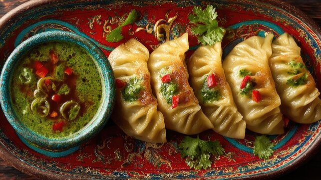 Nepal dish Momo Steamed dumplings with meat or veg filling crescent-shaped with dipping sauce