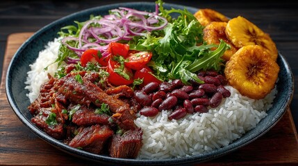 Dominican Republic dish La Bandera White rice red beans and stewed meat often with salad and fried plantains