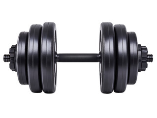 Fototapeta premium Black adjustable dumbbell with multiple weight plates and textured handle, isolated transparency background, used for strength training, fitness, and home gym workouts, promoting motivation