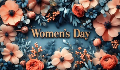 Women’s day background with text women’s day in large bold font surrounded by beautiful flowers and leaves creating enchanting atmosphere for international celebration