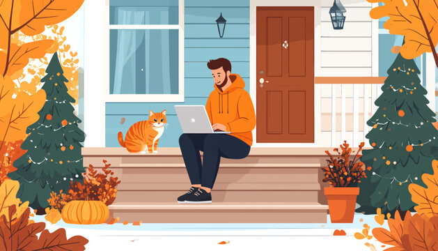 Man working on laptop on porch with cat, embracing remote work and the freedom of working from anywhere