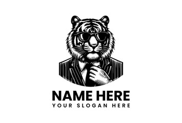 Hand-drawn black and white vector illustration of an anthropomorphic tiger head in a suit and sunglasses, perfect for a business mascot or brand logo design