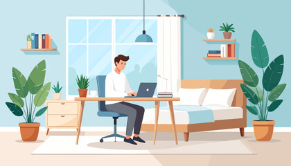 Productive young man working from his comfortable home office, embodying the flexibility of modern remote work and the freedom to work from anywhere with a laptop connection