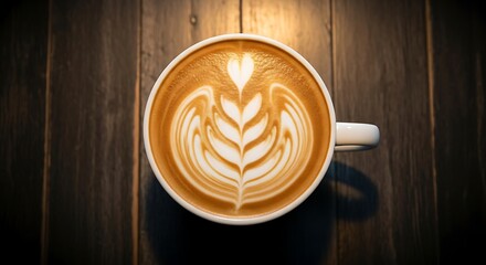 Top-down view of a cappuccino with latte art featuring a heart and floral design, presented on a dark wooden surface.