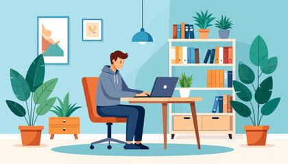 Fototapeta premium Vector illustration of a man at his desk in a modern home office, embracing the convenience and lifestyle of remote work and the ability to work from anywhere