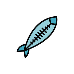 A stylized light blue fishlike shape with black outline It has crossshaped marks and a small fin The backdrop is white