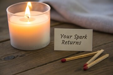 Close up of a glowing candle with matches and a card