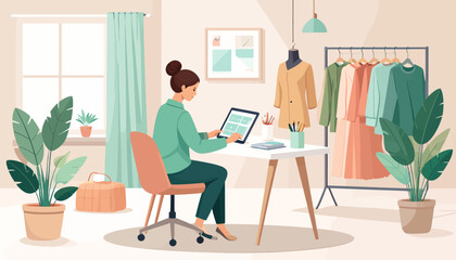 A fashion designer enjoying the flexibility of remote work and the ability to work from anywhere in her cozy home office