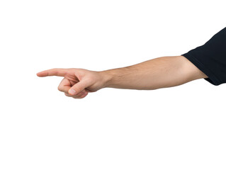 Pointing hand gesture with extended index finger, isolated on transparency background, close up of adult male arm in black sleeve, communication and direction concept, expressive and assertive pose
