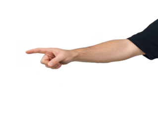 Pointing hand gesture with extended index finger, isolated on transparency background, close up of adult male arm in black sleeve, communication and direction concept, expressive and assertive pose