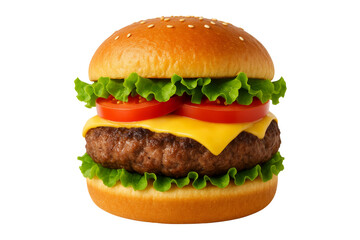 A delicious burger, complete with cheese and fresh vegetables. A close up shot with the burger in perfect focus