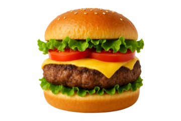 A delicious burger, complete with cheese and fresh vegetables. A close up shot with the burger in perfect focus