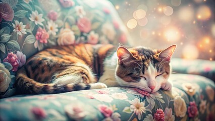 Calico Cat Napping on Floral Couch - Double Exposure Stock Photo