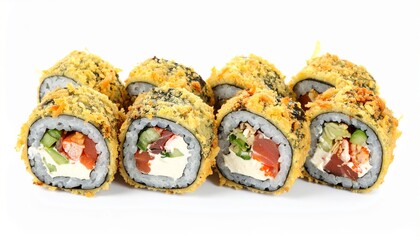 set of tempura sushi rolls isolated at white 