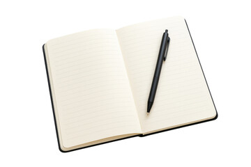 An open notebook with a pen on top, ready for writing. The lined pages are waiting to be filled