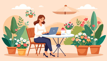 Fototapeta premium Work from Anywhere A woman enjoys remote work in a serene garden setting with flowers and a laptop