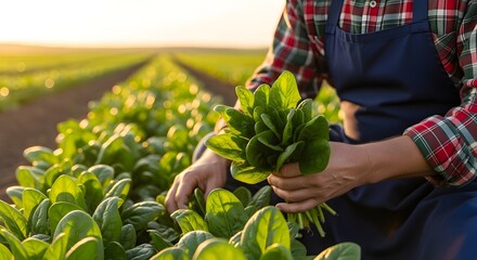 Fresh Harvest Farmer Gathering Vibrant Spinach in a Lush Agricultural Field at Sunset