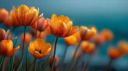 depth of field focuses on a single row of light orange tulips in the foreground, their blurred forms creating a soft wash of color. This hazy orange band transitions sharply to a background 
