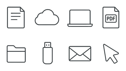 Minimalist icon set: cloud, laptop, pdf, folder, usb, email, cursor symbols on gradient background