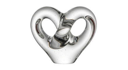Clear glass heart shape sculpture with swirling internal patterns and air bubbles, cutout, PNG isolated on white or transparent background