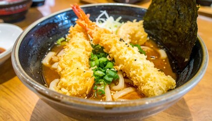 udon ramen noodles with shrimps tempura. japanese food 