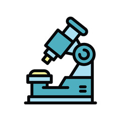 A turquoisecolored stylized microscope with black outlines It has a rounded base a tube and a lens