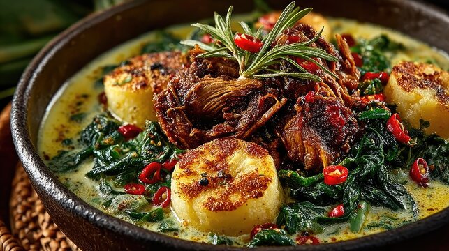 Grenada dish Oil Down Coconut milk stew with breadfruit callaloo and salted meat hearty and spiced
