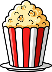Classic cinema popcorn in a red and white striped bucket, flat vector illustration.