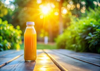 Candid Photo: Small Plastic Juice Bottle on Sunny Table
