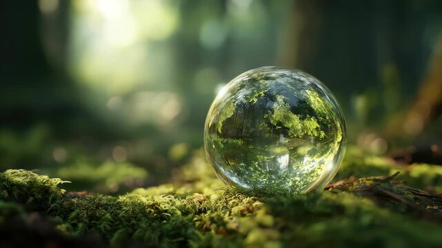 Environment Concept, ball is surrounded by green grass and trees, creating a peaceful and serene atmosphere. The sunlight is shining on the ball