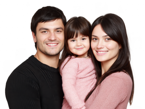 Happy family portrait with smiling father, mother, and young daughter wearing casual pink and black clothing, close together, showing love and togetherness on transparency background