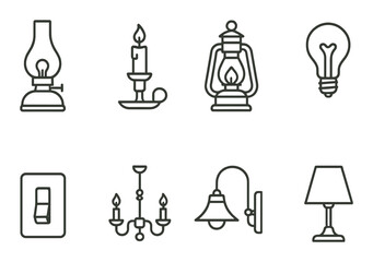 Vintage and modern lighting icons on green background: lanterns, chandeliers, and lamps