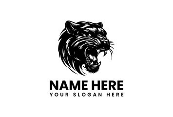 Powerful black panther or puma head roaring with fierce expression, dynamic vintage style mascot logo illustration for sport teams, gaming, or branding identity