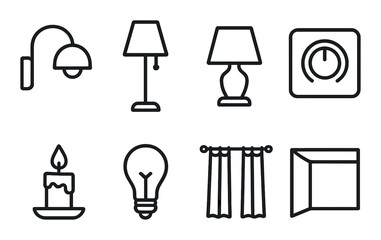 Set of minimalist home icons: lamps, light bulb, candle, curtains, and window