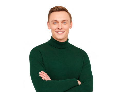 Young man, smiling, arms crossed, wearing dark green turtleneck sweater, isolated on transparency background, confident and friendly expression, casual fashion style