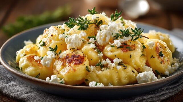Slovakia dish Bryndzove Halusky Potato dumplings with sheep cheese white with cheese crumbles