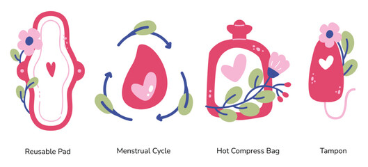 Pink Red Women Hygiene Pads Product with Flower Collection Illustration