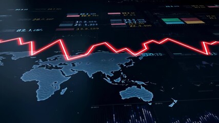 Global Stock Market Crash and Economic Downturn Represented by Red Line Graph Over World Map. - Powered by Adobe