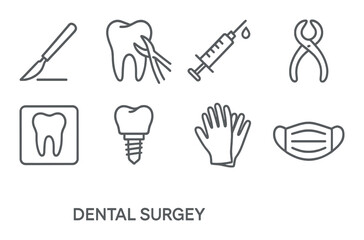 Dental surgery tools: scalpel, tooth, syringe, gloves, mask, instruments