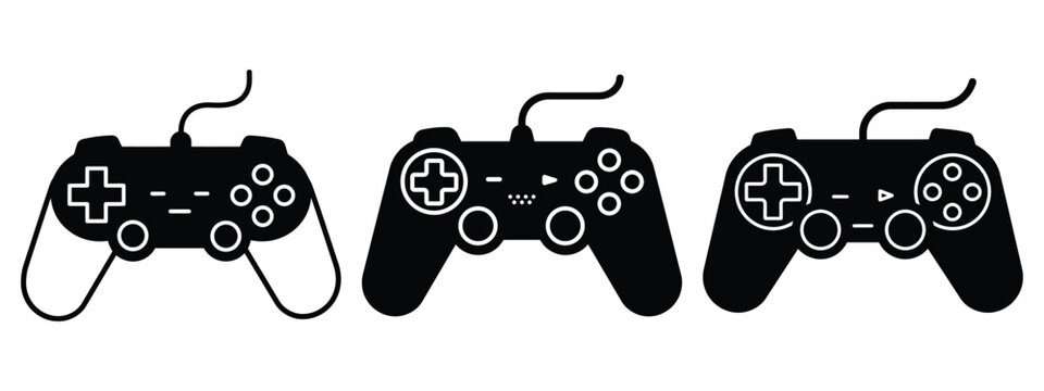 video game controller icon set, black color and white background