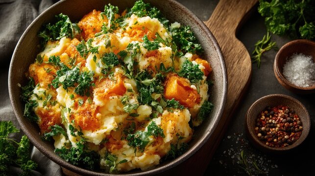 Netherlands dish Stamppot Mashed potatoes with vegetables green kale or orange carrot mixed in