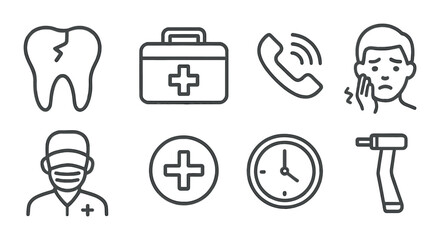 Dental emergency icons: cracked tooth, medical kit, helpline, dentist, clock, dental tools