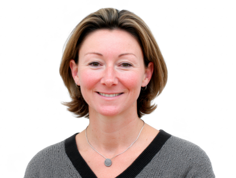 Smiling woman portrait brown hair casual grey sweater silver necklace isolated on transparency background friendly expression adult female natural look studio lighting