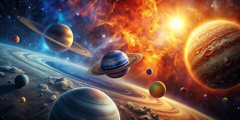 Celestial Landscape: Sun at the Center of Our Solar System with Planets