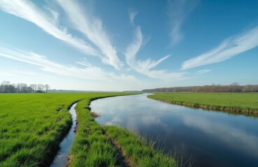 Obraz premium Scenic landscape photo of a river winding through green fields under a bright blue sky. Serene river flows with reflection. Nature scenery with rich grass trees and sky.