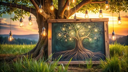 Chalkboard Tree with Lightbulbs - Whimsical Landscape Drawing Stock Photo