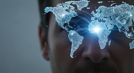 Global connectivity visualization with digital world map overlay on a man's face