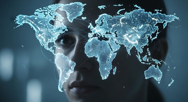 Global connection concept represented by woman with world map overlay digital network