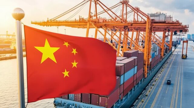 China's busy port scene showcasing shipping containers and flag